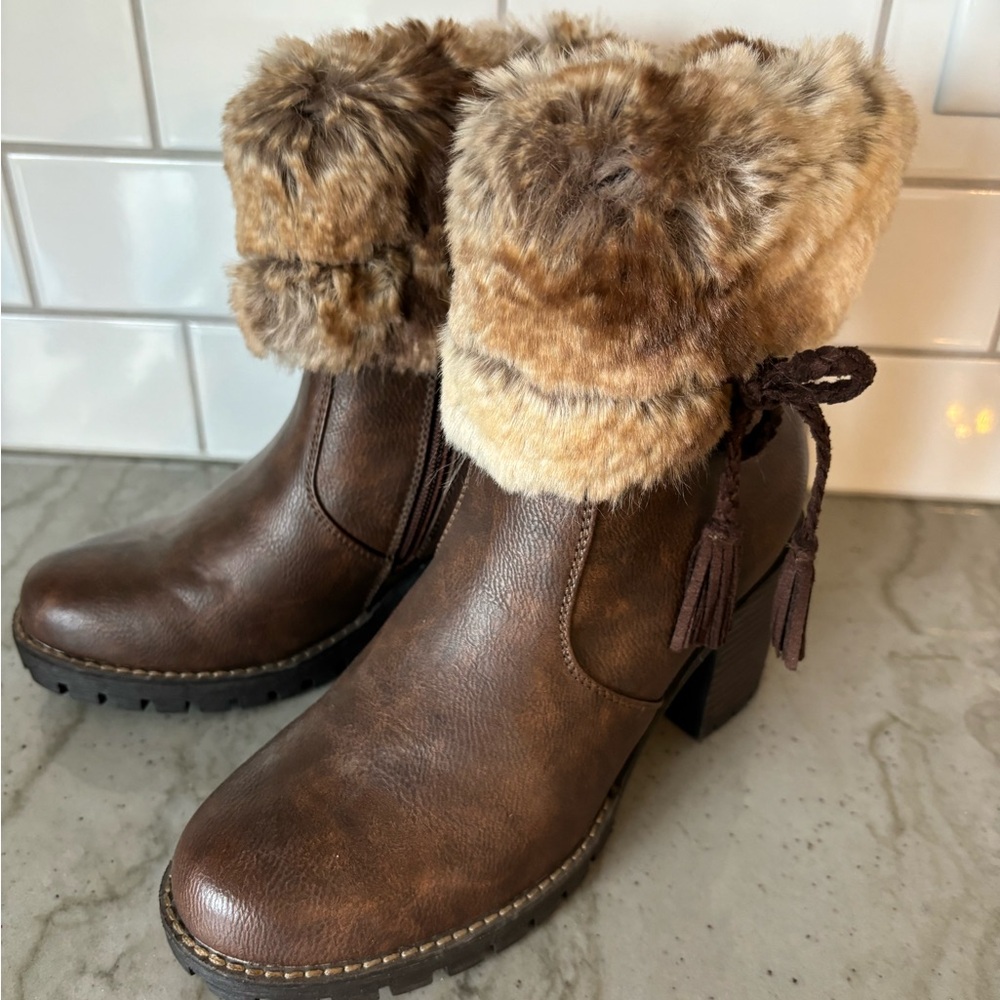 Patrizia Brown Ankle Boots with Faux Fur Trim. NEW